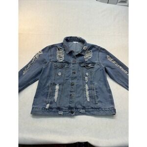Highway Jeans Blue Very Distressed Buttoned Denim Jacket Size XL women